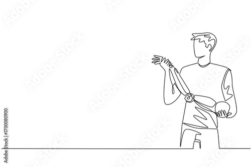 Continuous line drawing of a young man holding a prosthetic robotic arm, symbolizing resilience, health recovery, and future innovation for World Day for Assistive Technology, health concept
