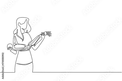 Continuous line drawing of a woman holding a wearing prosthetic robotic arm, reflecting assistive technology, health innovation, and empowerment on World Day for Assistive Technology, health concept