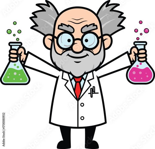 Cartoon scientist with lab flasks and cheerful expression—ideal for chemistry themes, educational content, science design, and playful illustrations.