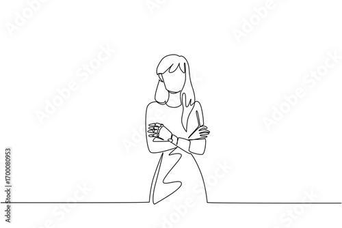Continuous line drawing World Day for Assistive Technology, showing a confident woman with prosthetic arm crossing on chest, symbolizing empowerment, inclusion, and innovation in healthcare concept.