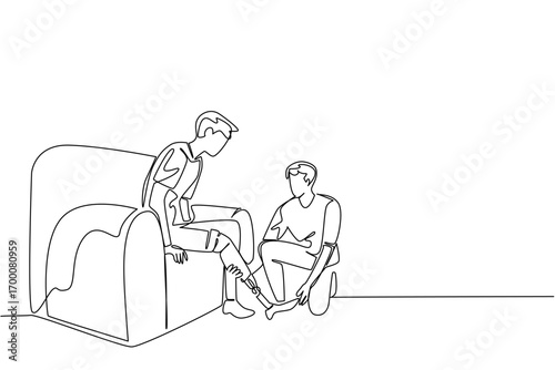 Continuous line drawing illustrating World Day for Assistive Technology, showing a man helping another man with prosthetic leg fitting on sofa. Show support, innovation, and care in health concept.