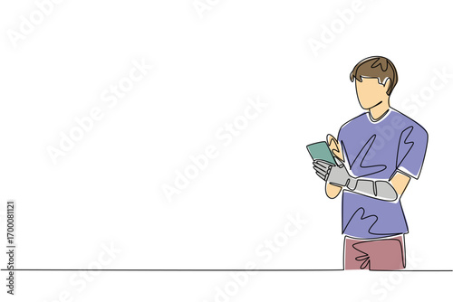 Single line drawing of a young man using a smartphone with a prosthetic arm, symbolizing modern assistive technology in everyday life, health concept, World Day for Assistive Technology.