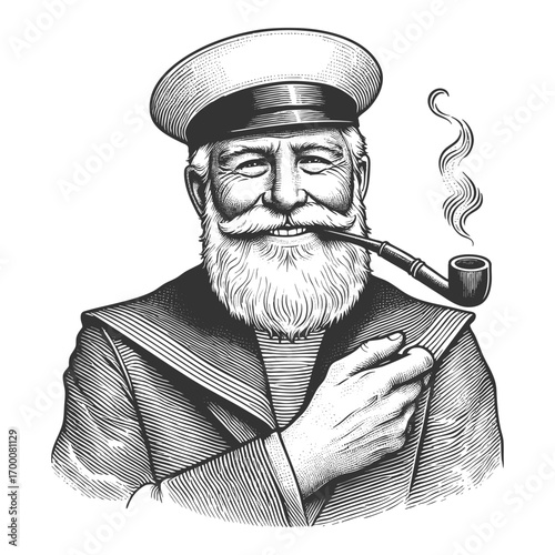 old sailor with a beard smoking a pipe, standing by the sea with sailing ships sketch engraving generative ai fictional character vector illustration. Scratch board imitation. Black and white image.