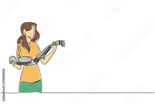 Continuous line drawing of a woman holding a robotic prosthetic arm, representing innovation in assistive health technology and inclusion for World Day for Assistive Technology science concept.