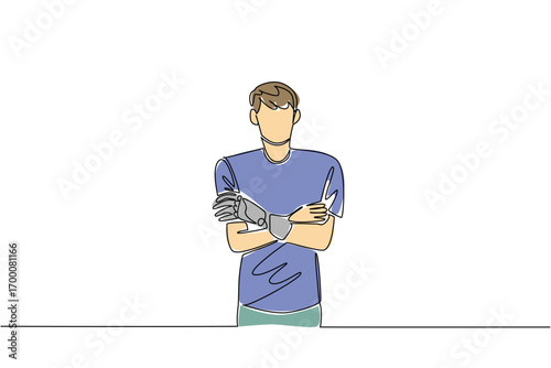 Continuous line drawing of a young man with crossed prosthetic arms, symbolizing empowerment, strength, and accessibility in assistive health technology for World Day for Assistive Technology concept.