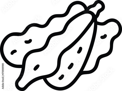 Simple outline icon of mustard greens, bitter gourd, and okra arranged in a vertical stack, thin black line art.