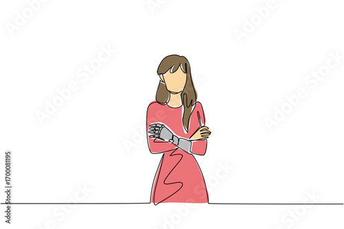 A single line draw of a woman with a prosthetic arm crossing on chest. Show empowerment and accessibility in health concept for World Day for Assistive Technology, with minimalist illustration style.