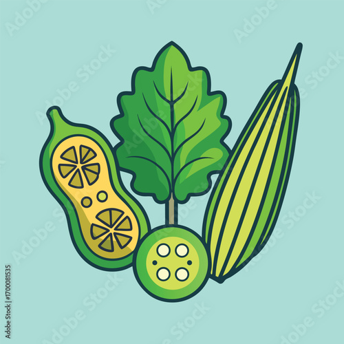 Thin line icon showing mustard greens leaf, half-cut bitter gourd, and sliced okra, clean vector illustration.