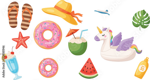 Colorful summer-themed vector set with beach accessories, tropical drinks, inflatable float, sunscreen, and playful vacation elements for fun design