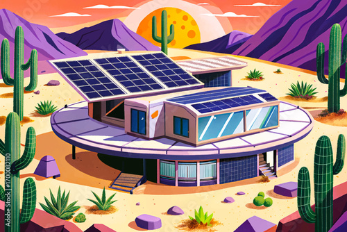 Rotating solar villa, futuristic architecture turning with sun, innovative sustainable living in desert