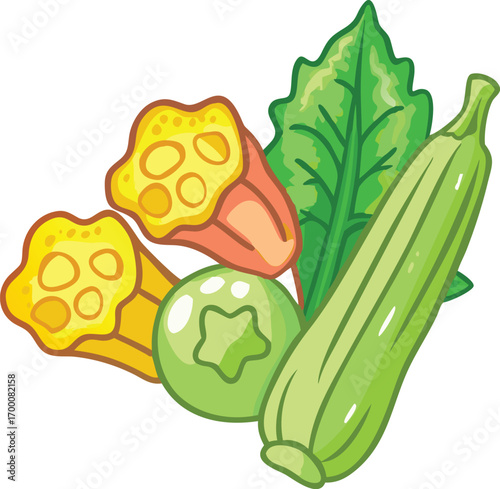 Watercolour inspired icon of mustard greens, bitter gourd, and okra combined, soft edges, colorful artistic look.
