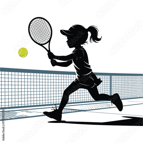 Silhouette of a Young Tennis Player Hitting a Ball Over Net