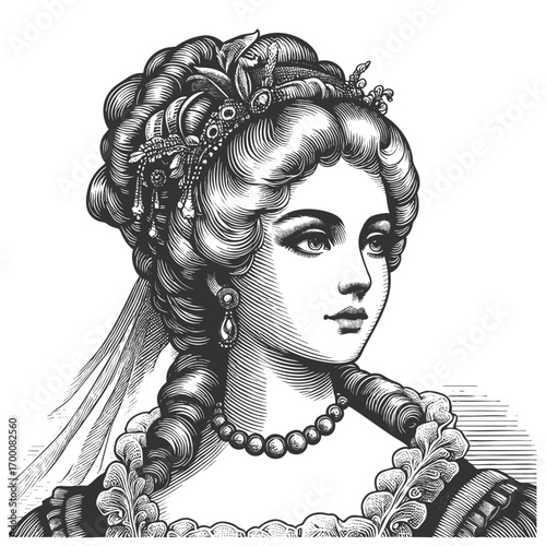 refined woman with elaborate hairstyle, floral adornments, and jewelry, classical elegance sketch engraving generative ai fictional character vector illustration. Scratch board. Black and white image.