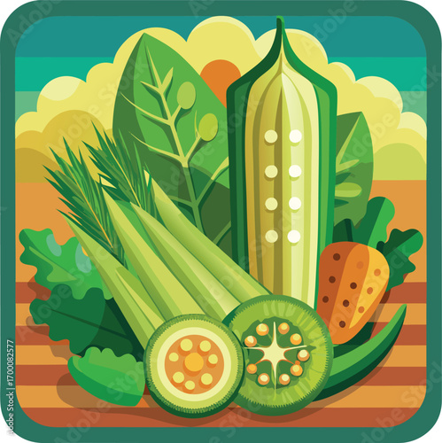 Colourful flat farm-fresh icon showing mustard greens bundle, sliced bitter gourd, and okra, eco-friendly vector style.