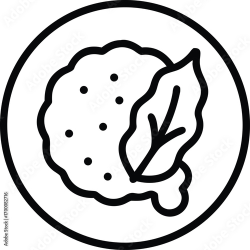 Circular outline icon of mustard greens, bitter gourd, and okra combined, thin line vector, minimalist.