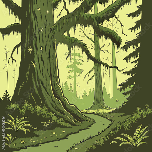 Evergreen Forest Landscape: Experience the serene beauty of an evergreen forest, with towering trees casting shadows over a winding path and creating an atmosphere of tranquility and harmony.