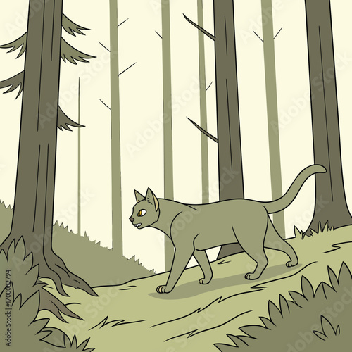 Feline Forester's Path: An illustrated feline navigates through a serene forest, the towering trees forming a natural, hushed sanctuary