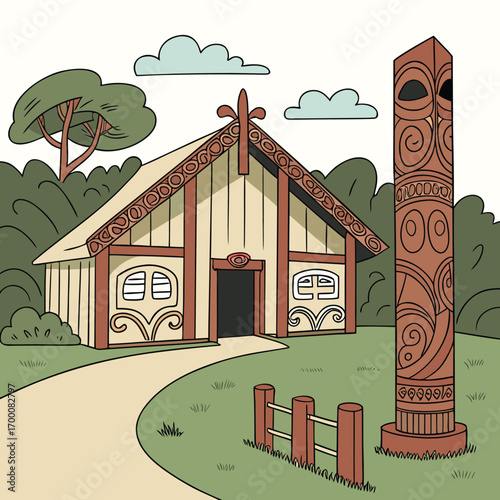 Maori Culture: Illustrative depiction of a Maori house, showcasing the intricate details and artistry of indigenous New Zealand culture.