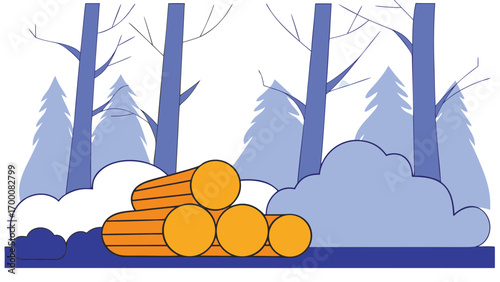 Stack of cut logs lies in snowy, foggy forest with tall bare trees and pine silhouettes