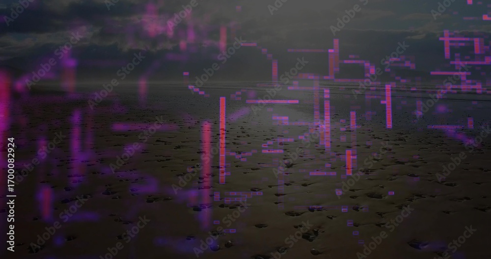 Naklejka premium Displaying wet beach reaching calm sea on coast, with scattered footprints and neon glitch overlays