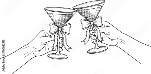 Black and white line art of hands toasting martini glasses with bows, symbolizing celebration, party, and festive social gathering