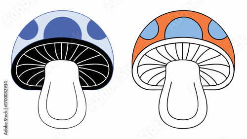 Two stylized boletus mushrooms with colorful caps and bold outlines, one in blue tones and one in orange tones