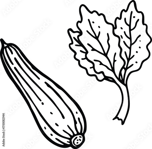 Detailed hand-drawn icon of mustard greens, bitter gourd texture, and okra slice, ink sketch vector.