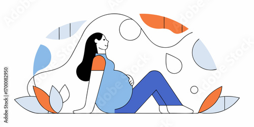 Pregnant woman sitting cross legged with head tilted, smiling peacefully in abstract nature background
