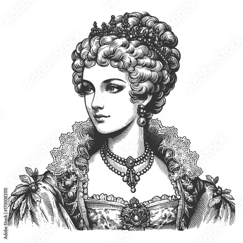 refined woman with elaborate hairstyle, floral adornments, and jewelry, classical elegance sketch engraving generative ai fictional character vector illustration. Scratch board. Black and white image.