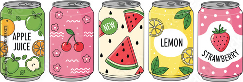Colorful fruit-flavored drink cans featuring apple, cherry, watermelon, lemon, and strawberry designs for beverage packaging and summer themes