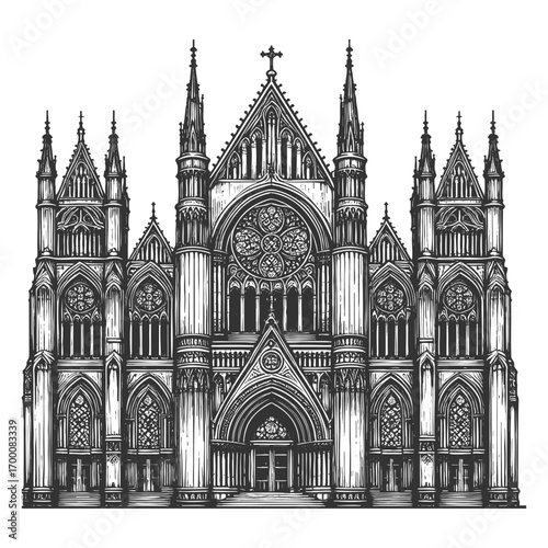 grand gothic cathedral facade with pointed spires, ornate arches, and a large rose window sketch engraving generative ai vector illustration. Scratch board imitation. Black and white image.