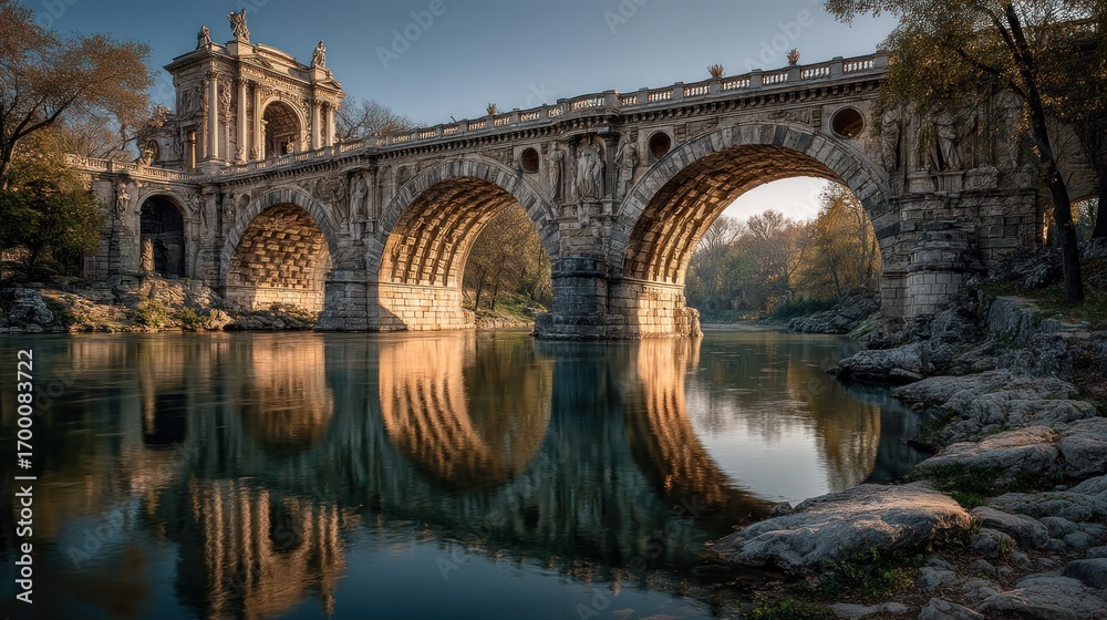 Obraz premium Stunning view of a historical bridge reflected in the tranquil waters below
