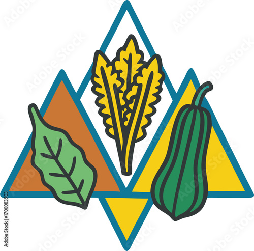 Geometric abstract icon mixing mustard greens, bitter gourd, and okra in triangle shapes, bold outlines, flat vector.