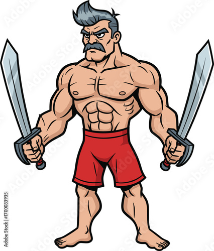 Cartoon warrior man with gray hair, mustache, red shorts, and dual swords in heroic pose for fantasy and comic themes