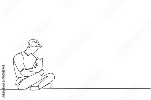 A one line drawing art of a young man sitting cross-legged while hugging his cat, created for National Hug Your Cat Day, symbolizing relaxation, bond, and emotional support in pet concept.
