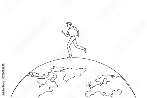 One line drawing of a man running on top of the globe, honoring Global Running Day as a symbol of strength, fitness, and international unity in an inspiring sport concept.