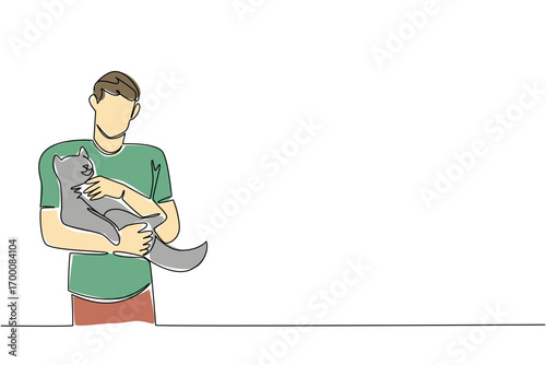 Minimalist continuous line drawing celebrating National Hug Your Cat Day, showing a young man holding his beloved cat with care and affection, symbolizing bonding in pet love concept.