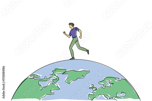 One line drawing of a young man running on the top across the globe, symbolizing the nature concept of health and sports during Global Running Day, celebrating unity and worldwide fitness activities.