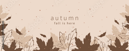 Autumn season horizontal background with maple leaves. Fall banner in brown and beige colors. Vector illustration for holidays, advertising, sale.