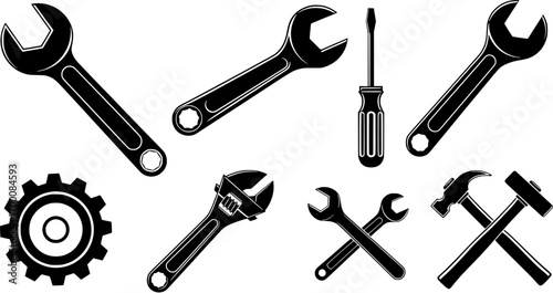 Set of black and white silhouette hand tools including wrenches, screwdriver, gear and hammer for repair or construction concept