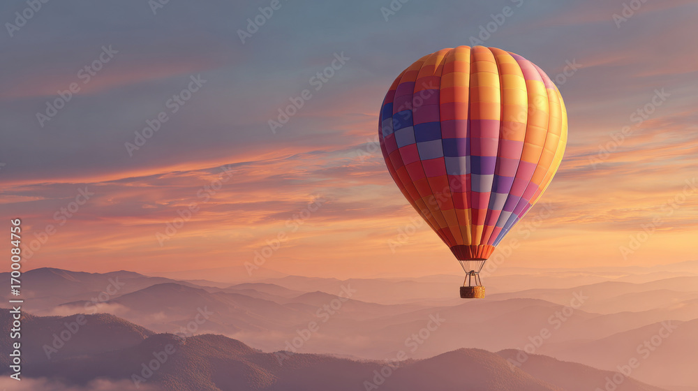 Fototapeta premium Hot air balloon flying over misty mountains at sunset