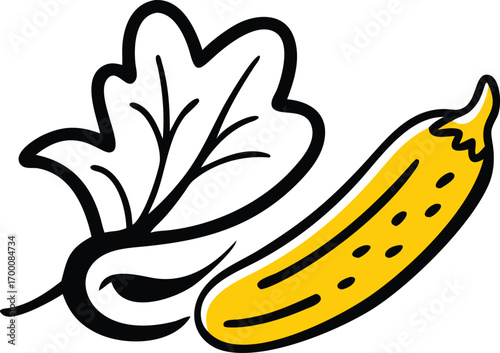 Hand-drawn doodle style icon of mustard greens leaf, bitter gourd fruit, and okra pod, sketchy black lines on white.