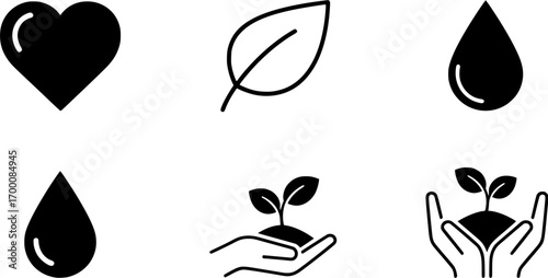 Ecology and nature black line icon set with heart, leaf, water drop and plant in hand symbols