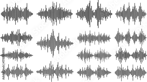 Sound wave icon set in black and white for audio signal or music frequency visualization