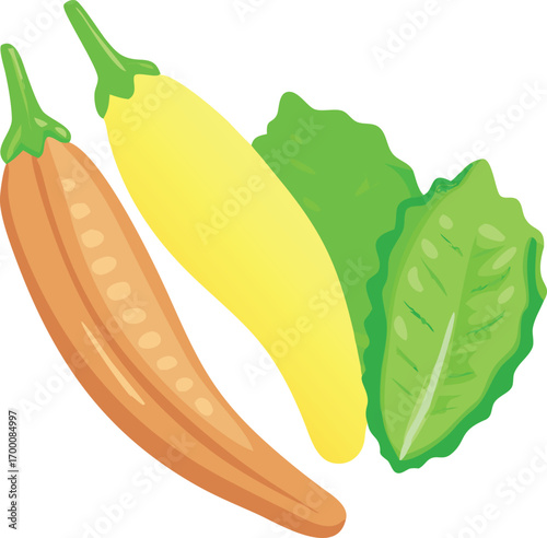 3D embossed colorful icon of mustard greens, bitter gourd, and okra, shiny gradient finish.