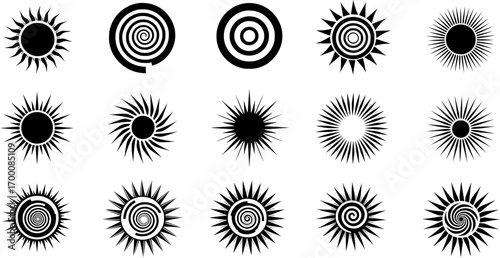 Set of diverse sun icons in black and white with spiral and geometric designs for weather or summer symbols