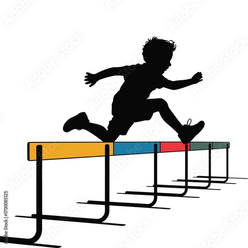 Silhouette of Child Jumping Over Hurdles in Track and Field Event