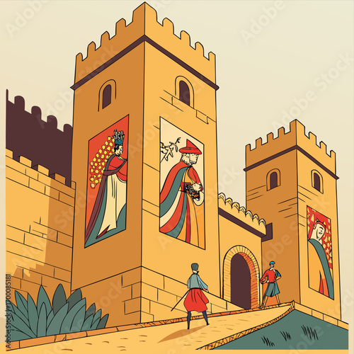 Ancient Fortress: An artistic depiction of a towering, historic fortress, showcasing intricate architecture and vibrant colors. People approach towards this building.