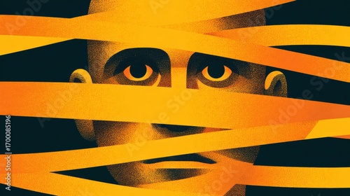 Wallpaper Mural Conceptual Art Featuring a Mans Face Obscured by Yellow Ribbons in a Surreal Style With Striking Contrasts in Colors and Design Elements Torontodigital.ca