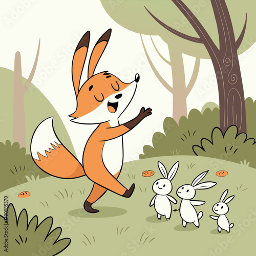 Fox's Playful Dance with Rabbits: A whimsical illustration of a joyous fox dancing cheerfully alongside three adorable rabbits amidst a vibrant forest setting.
